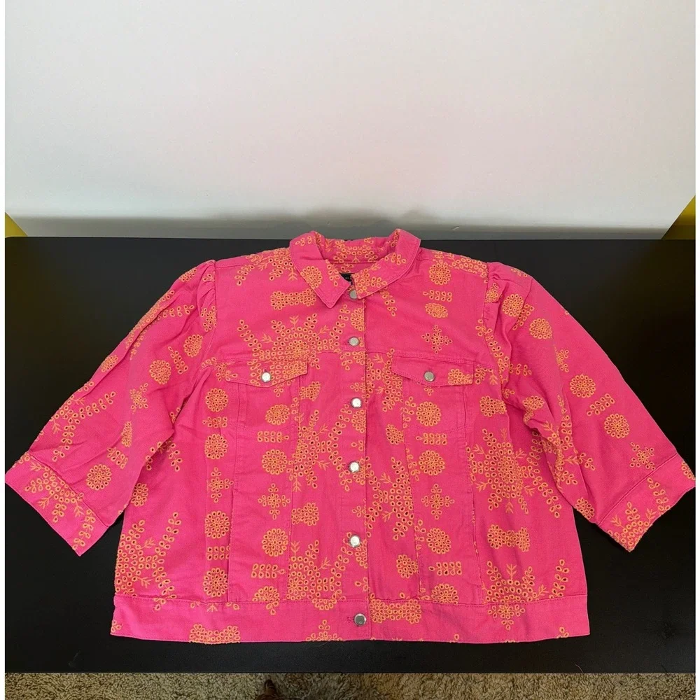 G by Giuliana Black Label Pink Puff‎ Sleeve Eyelet Denim Jacket 3X Feminine